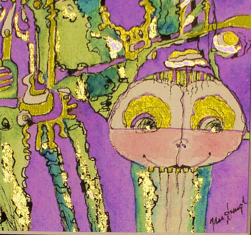 "Alien besucht uns" Aquarell+Gold 10x10cm
