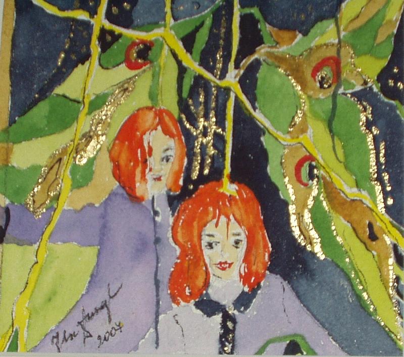 "Freundinnen" Miniatur-Aquarell+Gold 10x10