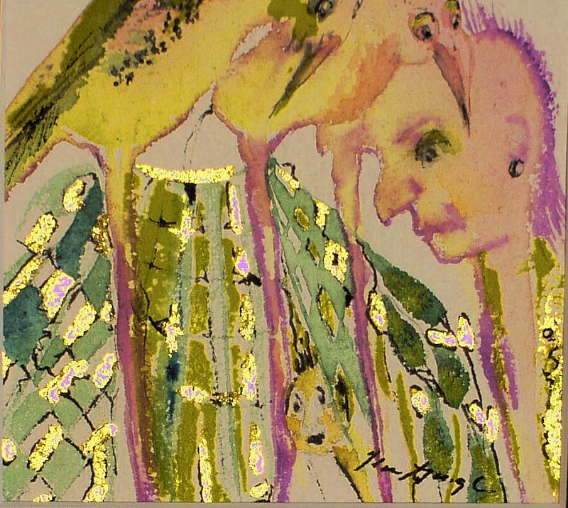 "Vogelmensch" Aquarell+Gold 10x10cm